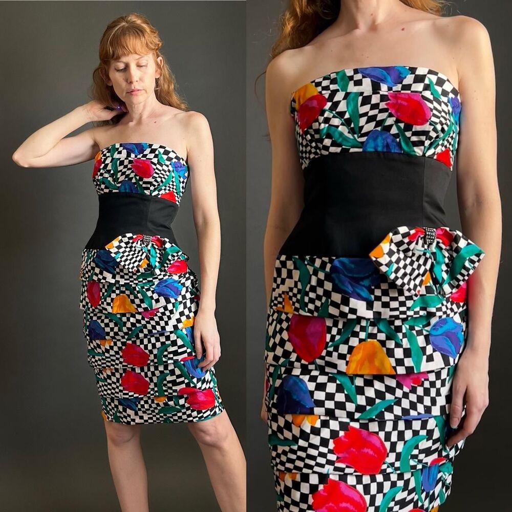 Vintage 1980s Op Art Checkered Strapless AJ Bari Mini Dress, small